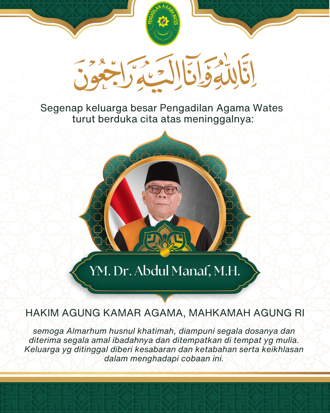 Kami segenap keluarga besar Pengadilan Agama Wates turut berduka cita atas meninggalnya