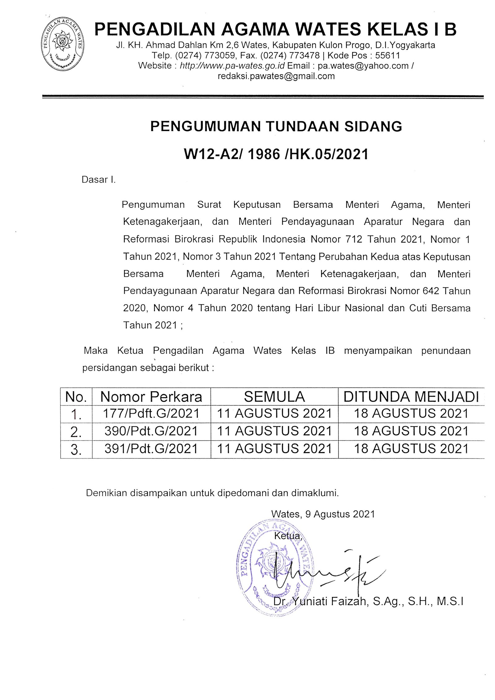 Tundaan sidang 11 Agustus 2021